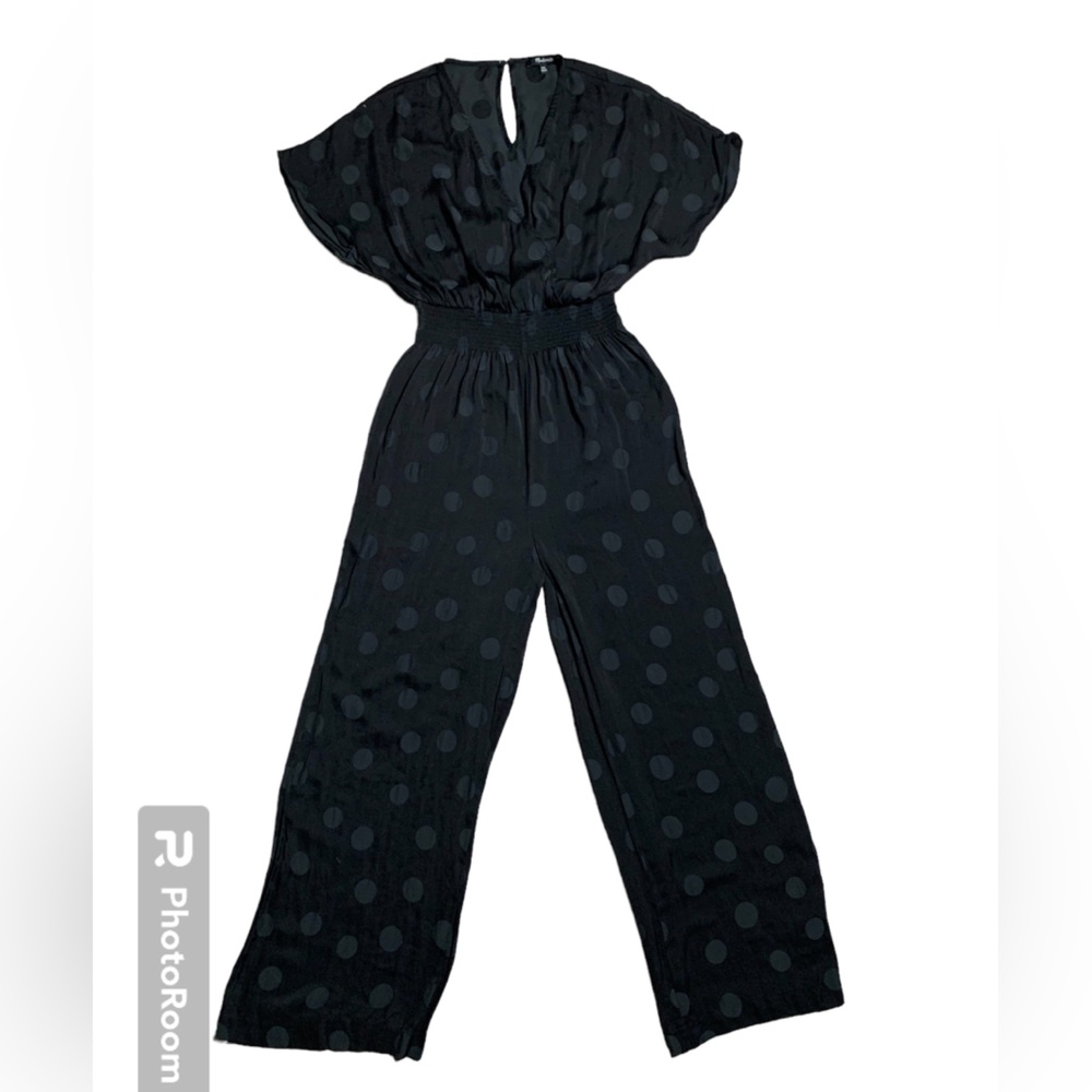 Madewell‎ Polka Dot Wrap Jumpsuit Black Smocked Waist MC321 XXS